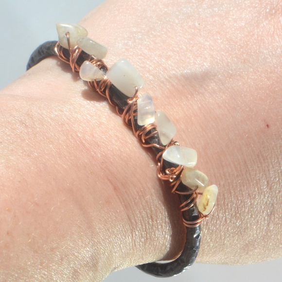 Conceptual Subculture Jewelry - Genuine Moonstone Pure Copper Bangle Cuff Bracelet